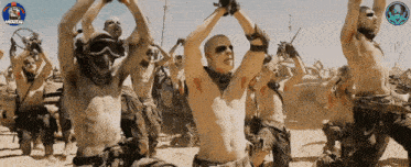 a group of men with their arms in the air with a logo that says hentai