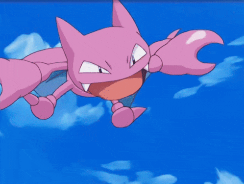 a pink cartoon character is flying through the blue sky