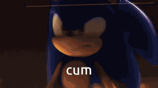 a close up of a cartoon character with the word cum written on it