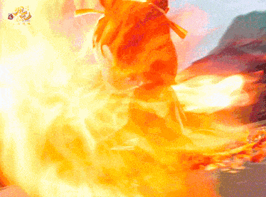 a painting of a fire with a chinese symbol on the bottom right