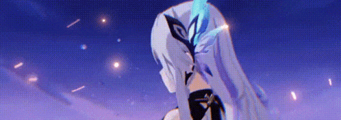 a girl with long white hair and a mask on her head is standing in the sky .