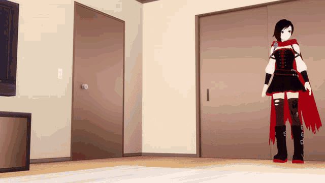 a girl in a red cape and black boots stands in a room