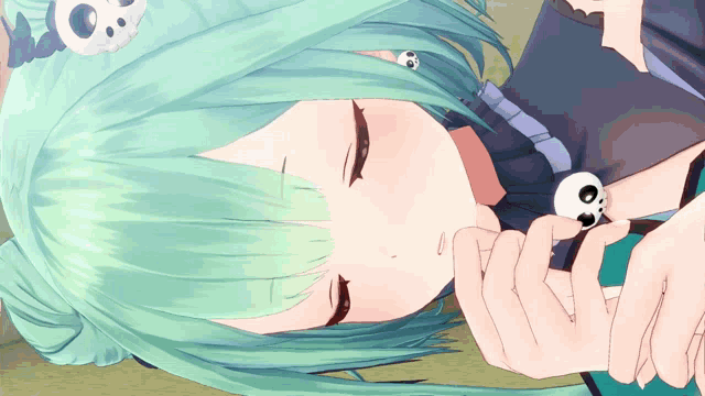 a girl with green hair and skulls on her head