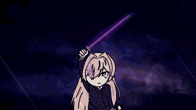 a drawing of a girl holding a purple sword in the air