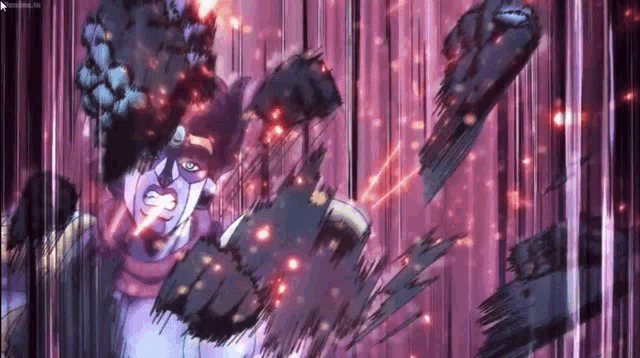 a cartoon character with a purple background is being punched by a purple lightning bolt .