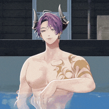 a man with horns and a tattoo on his arm is standing in a bathtub