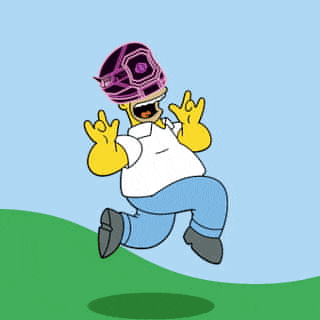 a cartoon of homer simpson wearing a purple helmet is running in a field .