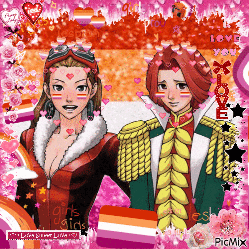 a couple of anime characters standing next to each other with the words " love sweet love " on the bottom right