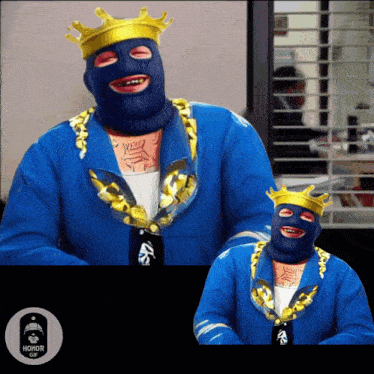 a gif of a man wearing a balaclava and a crown with the words honor gif on the bottom