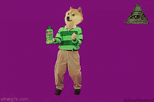 a doge wearing a green and white striped shirt is holding a bottle of diet coke .