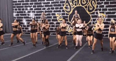 a group of cheerleaders are performing in front of a brick wall that says ' a ' on it