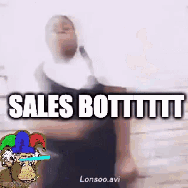 a nun is talking on a cell phone while wearing a jester hat and a sales bot sticker .