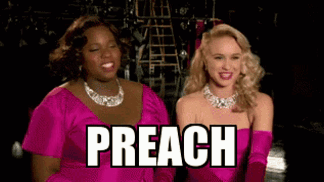two women in pink dresses are standing next to each other and the word preach is on the bottom