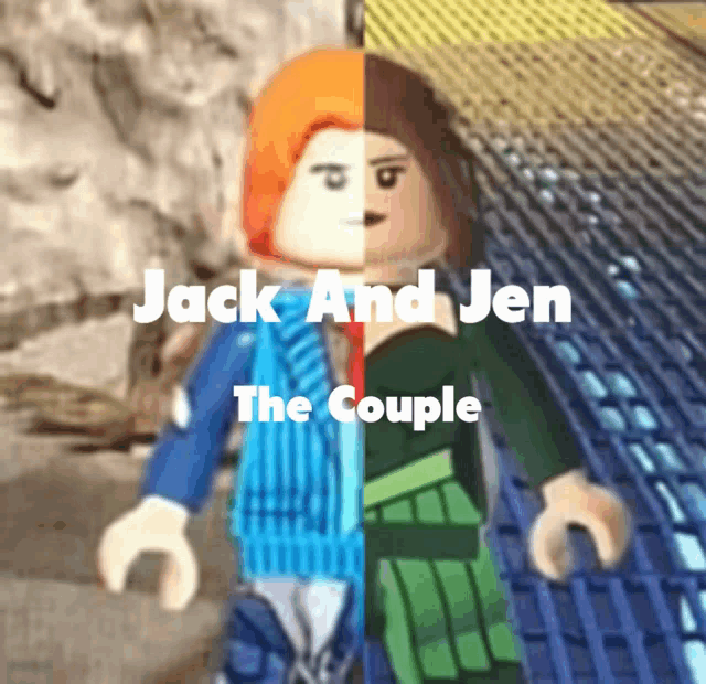 a picture of two lego figures with the words jack and jen the couple above them
