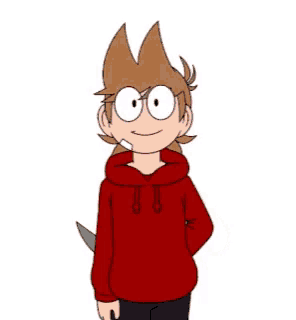 a cartoon character in a red hoodie holding a large knife