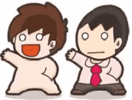 two cartoon characters are standing next to each other and one is naked and the other is wearing a tie .