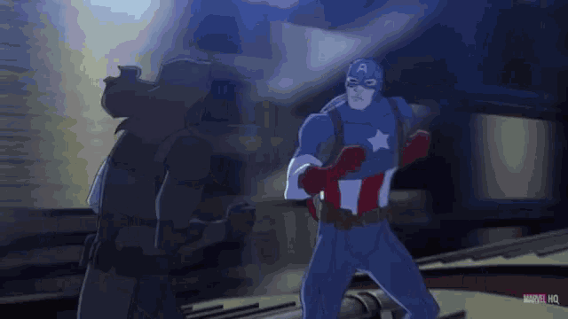 a cartoon of captain america fighting another superhero