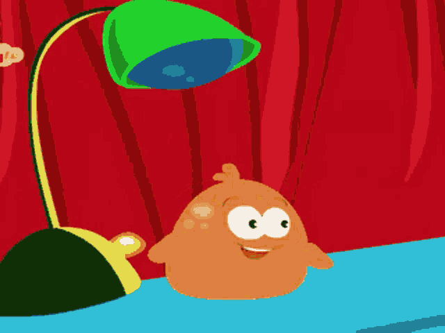 a cartoon character is smiling in front of a lamp with a green leaf on it