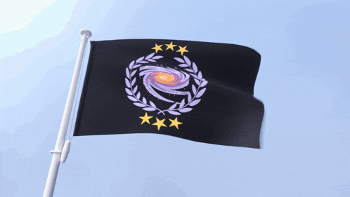 a black flag with a laurel wreath and three stars