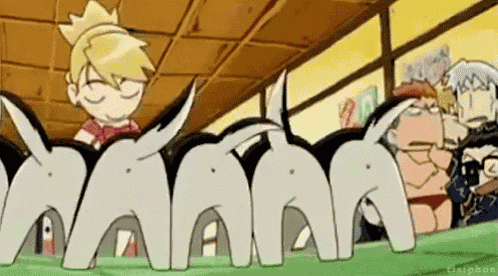 a group of cartoon characters are standing next to each other .