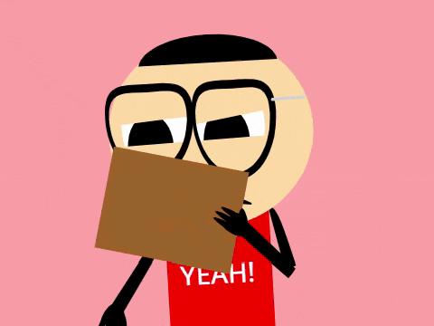 a cartoon character is wearing glasses and a red shirt that says oh yeah