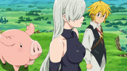 a couple of anime characters standing next to each other and a pig