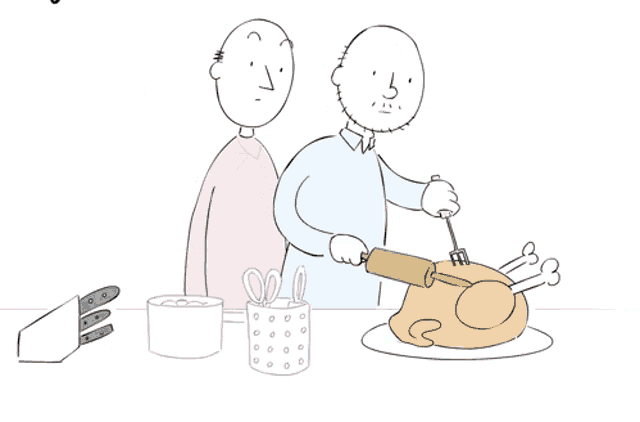 a cartoon of a man holding a knife and a rolling pin with the words that 's not a knife below him
