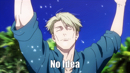 a man in a blue shirt is holding his arms in the air with the words `` no idea '' above him .