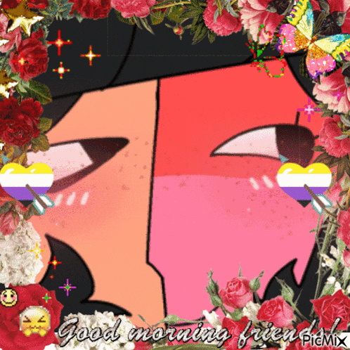 a picture of a girl with flowers and the words good morning friend