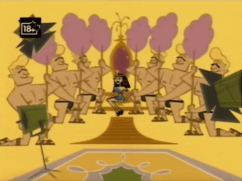 a cartoon of a woman surrounded by men and a sign that says 18+ on it