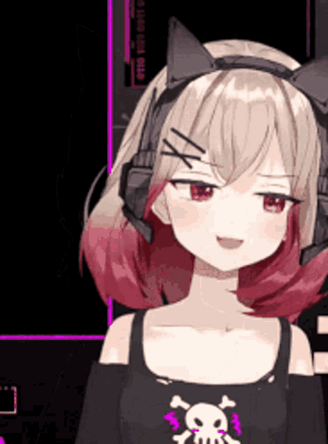 a girl with a cat ear headband and a skull and crossbones shirt