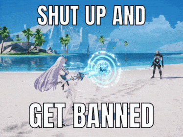 a picture of a girl on a beach with the words shut up and get banned
