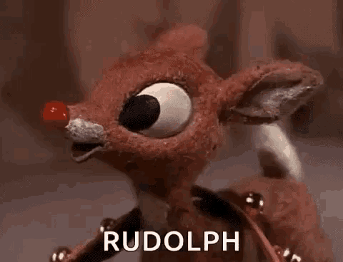 a stuffed reindeer with a red nose and the words `` rudolph '' written on its face .