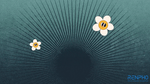 two flowers with faces are flying through a hole with the word renpho on the bottom