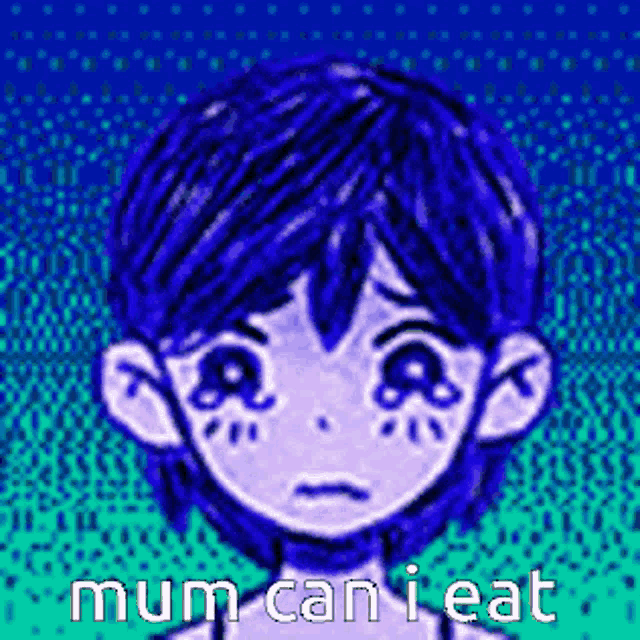 a pixel art of a girl with blue hair and the words mum can i eat