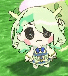 a little girl with green hair and antlers is standing on a grassy field .