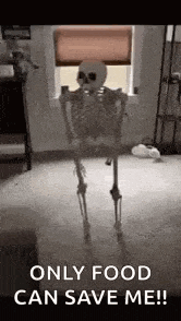 a skeleton is standing in front of a window in a living room .