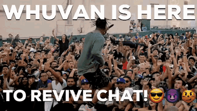 a man stands in front of a crowd with the words " whovan is here to revive chat " above him