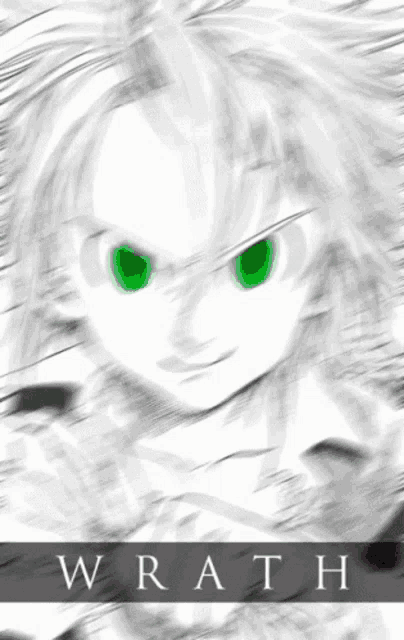 a black and white drawing of a person with green eyes and the word wrath on the bottom