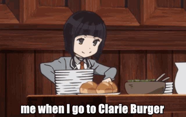 a cartoon of a girl behind a counter that says me when i go to clairie burger