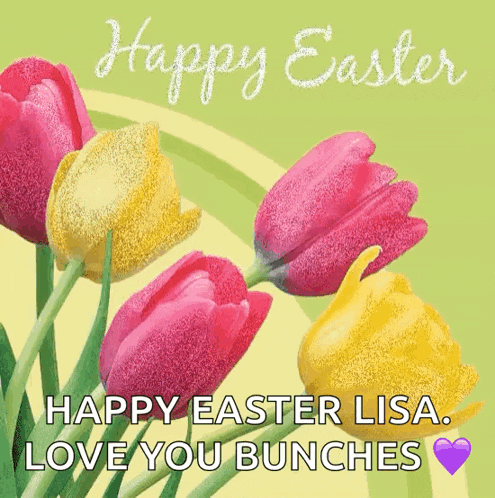 a happy easter card with pink and yellow tulips on a green background