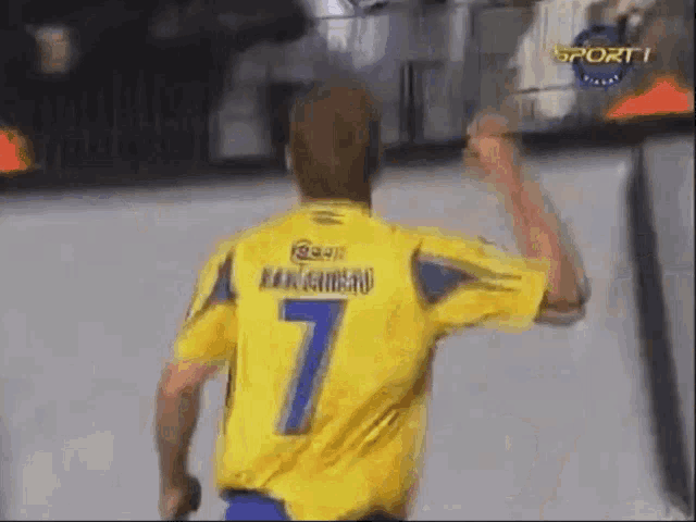 a man in a yellow and blue jersey with the number 7 on it