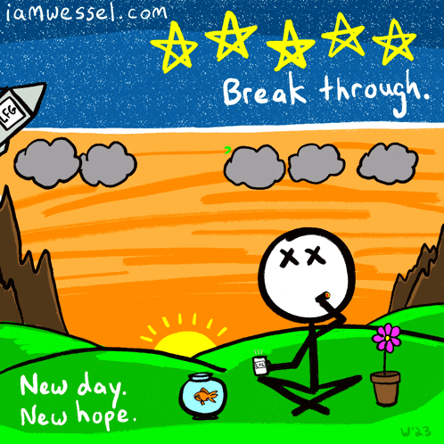 a cartoon of a man smoking a cigarette with the words " new day new hope " below him