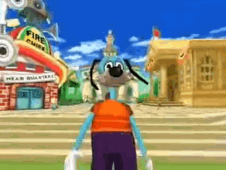 a cartoon character is standing in front of a fire station .