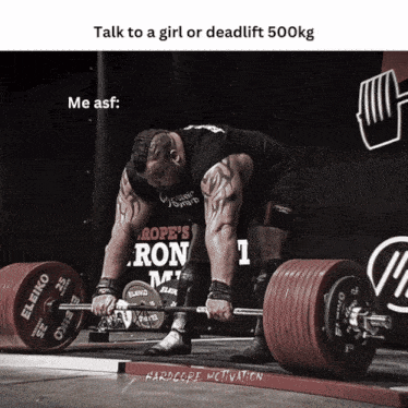 a man is lifting a barbell in front of a rope 's ron sign