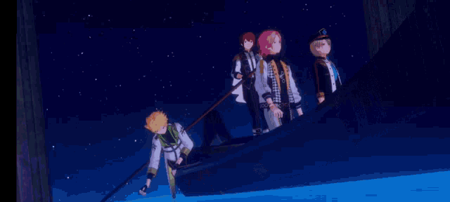 a couple of anime characters standing next to each other in a dark room