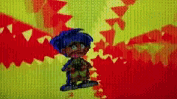 a cartoon character with blue hair is flying through the air .