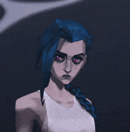 a drawing of a girl with blue hair and pink eyes