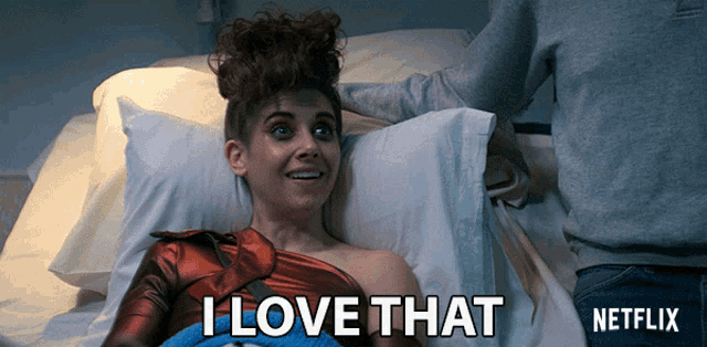a woman laying in a hospital bed with the words i love that written on the bottom