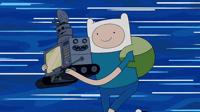 a cartoon character is carrying a device that looks like a camera